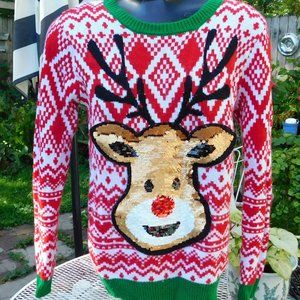 Cute Ugly Christmas Sweet Rudolf the Reindeer Red Green  Sequined